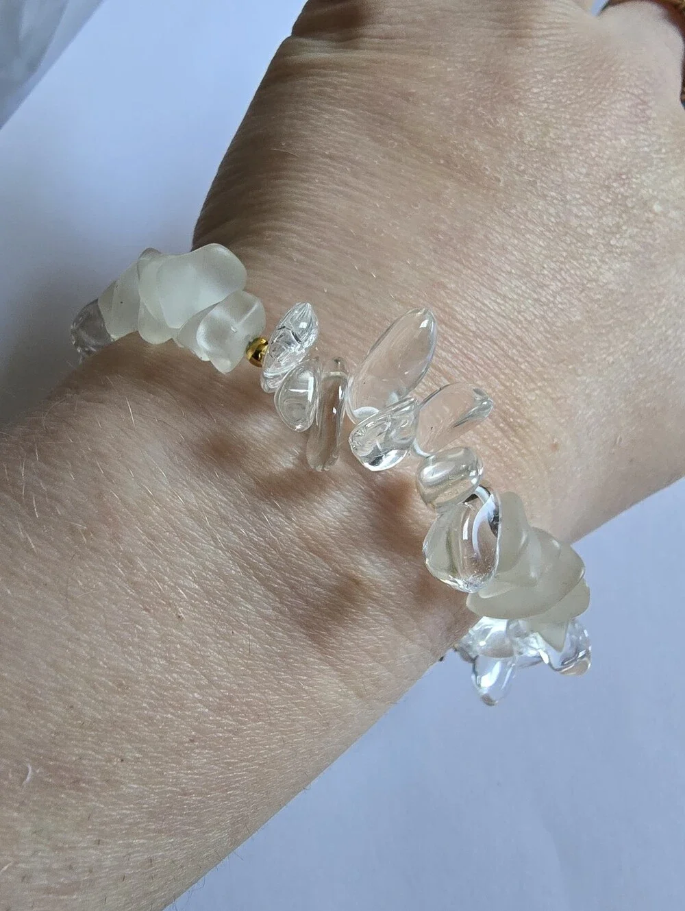 Bracelet clear and frosted beads nugget beaded gold tone boho bohemian